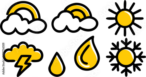 Collection of Six Colorful Weather Icons Including Sun, Rainbow, Lightning, Raindrop, and Snowflake, Arranged Neatly