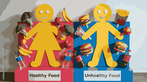 Gendered Figures Contrasting Healthy and Unhealthy Food Consumption nutrition diet