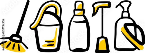 Vector Set of Household Cleaning Icons Broom, Bucket, Sprays & More – Ideal for DIY Guides, Home Makeover Blogs & Eco-Friendly Cleaning Articles