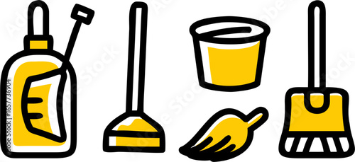 Cleaning Supplies Broom, Bucket, Spray Bottle, Mop, Dustpan - Cleaning Icons