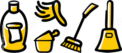 Collection of vector icons depicting essential household cleaning tools and products like detergent, broom, and duster, arranged for easy use in various design contexts.