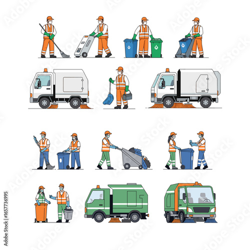Collection of sanitation workers in uniform with equipment and garbage trucks
