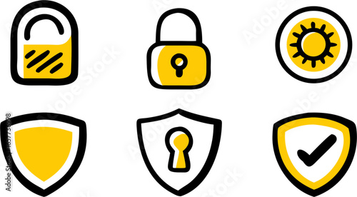 A versatile vector icon set showcasing six vital security and protection symbols padlocks, various shield designs, and safety indicators, ideal for digital defense and online security.
