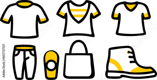 Vector set of 6 unique fashion icons, including t-shirts, jeans, a tote bag, and boots, all with yellow accent details on a white background, perfect for style and apparel collections.