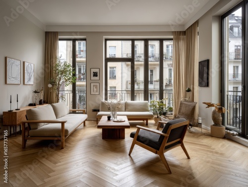 A living room with a couch, a coffee table, and a few chairs. There is a potted plant in the room