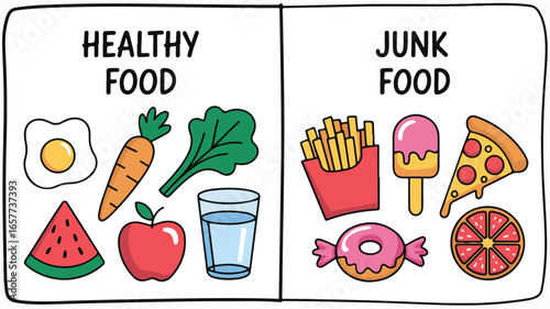 Healthy Food and Junk Food Comparison with Illustrated Items on White Background diet nutrition