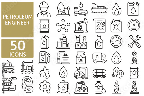 Petroleum Engineer Line Icon Set (Oil & Gas Exploration, Drilling & Refining)
