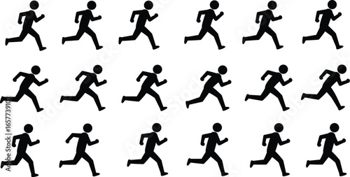 Running human black silhouette set, various poses, jogging people, exercising, sport, marathon, movement, vector illustration on white background.