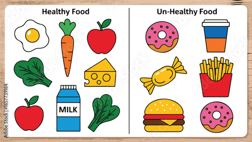 Healthy vs Unhealthy Food Comparison with Illustrated Items on Wood Background diet nutrition