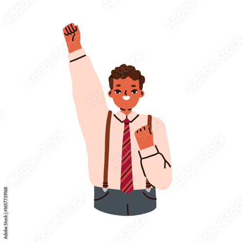 Happy school kid with raised hand. Smiling schoolboy student with fist arm up...