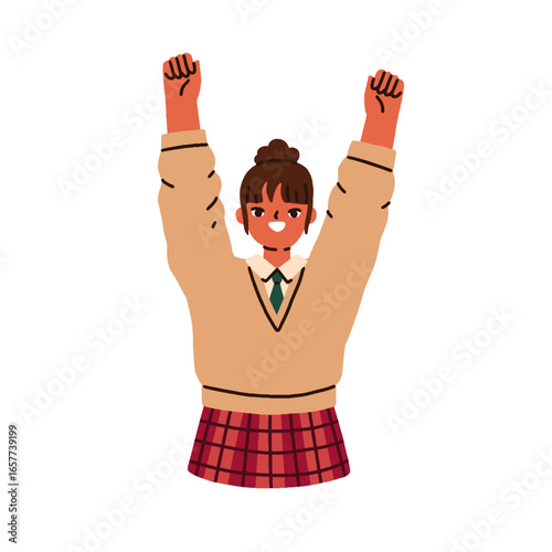 Happy school girl, kid with arms raised. Schoolgirl smiling with hands up, joyful expression, emotion. Child pupil rejoicing, exulting, celebrating. Flat vector illustration on white background
