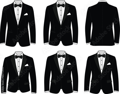 Elegant vector set of black tuxedo jackets, various designs, bow tie, formal dress code, stylish menswear, isolated on a white background.
