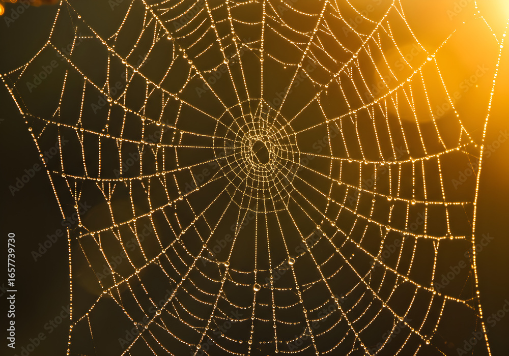 Obraz premium Spiderweb Dew Drops at Sunrise | Close-up of Intricate Web for Halloween, Nature, and Environmental Designs
