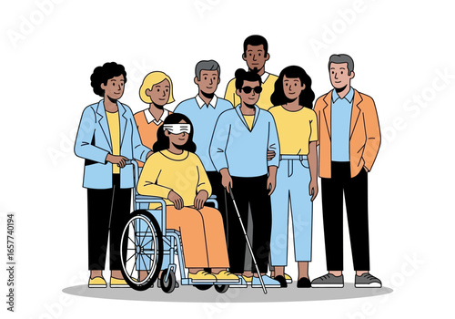 Vibrant vector illustration portraying a diverse and inclusive group, showcasing individuals with varying abilities standing united, symbolizing equality, support, and community.