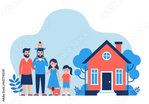 Happy Family with Pet and Home Illustration