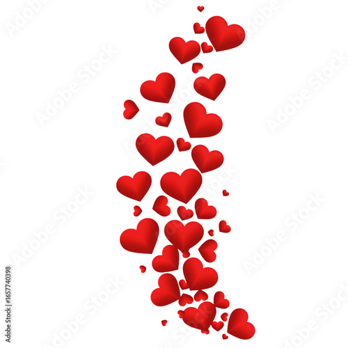 A cascade of vibrant red hearts flowing upwards in a dynamic curve isolated on transparent background