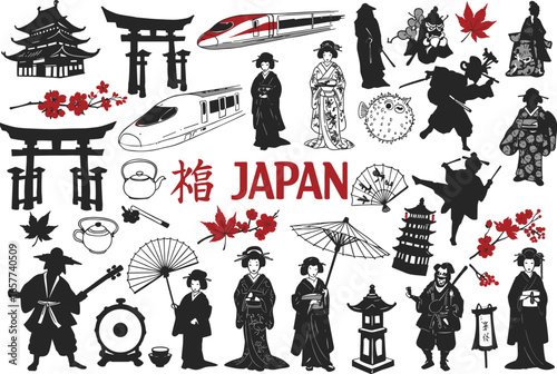 Vector collection of Japan culture symbols, traditional objects, buildings, geisha, and people in silhouette on a white background.