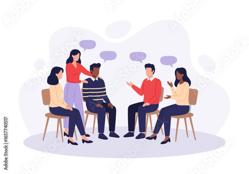 Support Group Illustration Depicting People in a Therapeutic Setting and Open Communication