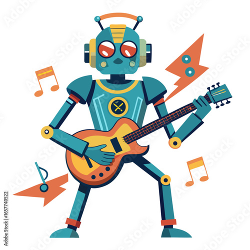 Vector art of a cartoon robot is playing electric guitar surrounded by musical notes