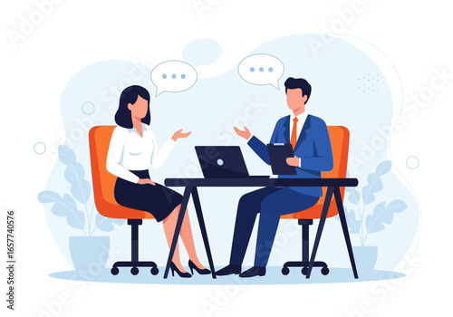 Business meeting illustration featuring a job interview with discussion and collaboration