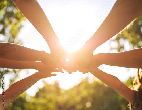Diverse Hands Unite in Golden Sunlight, Symbolizing Teamwork and Connection Outdoors.