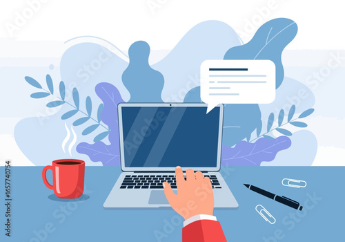 Modern workspace with a laptop, coffee cup, and plant; perfect for remote work and online communication.