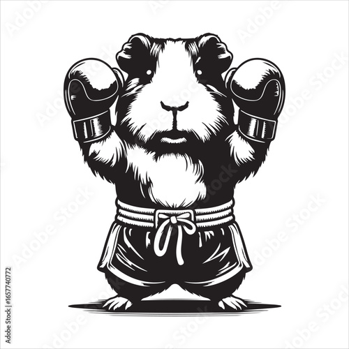 Black and white illustration of a confident guinea pig boxer wearing shorts and gloves boxing fighter