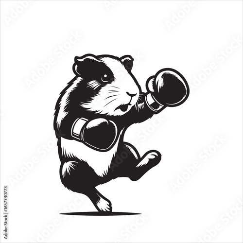 Black and white illustration of a dynamic guinea pig boxer mid-kick with boxing gloves on fighter animal