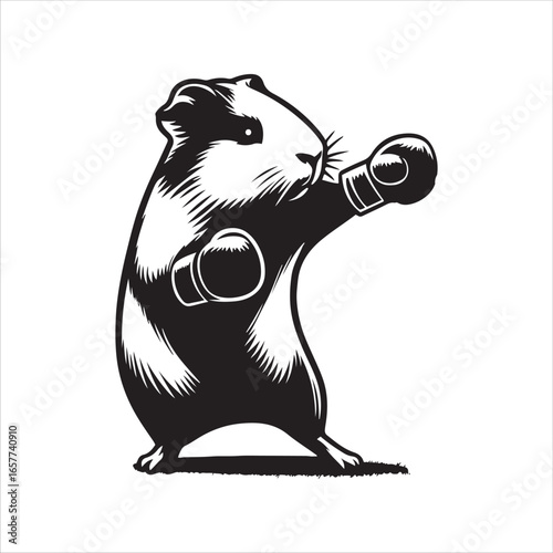 Black and white illustration of a guinea pig wearing boxing gloves and throwing a punch fighter animal