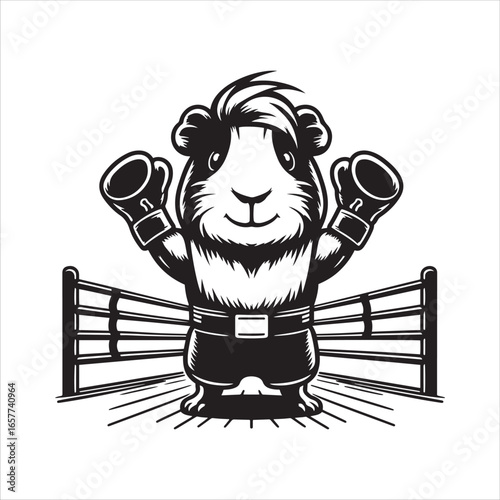 Black and white illustration of a happy guinea pig boxer standing in a boxing ring with gloves raised