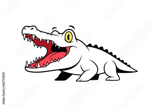 A happy white crocodile with its mouth wide open showing sharp teeth and a pink tongue in a cartoon style