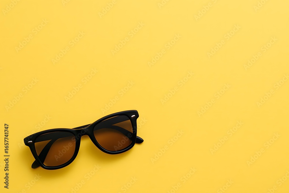 Black Sunglasses on Yellow Summer Background with Copy Space Black Sunglasses on Yellow Summer Background with Copy Space