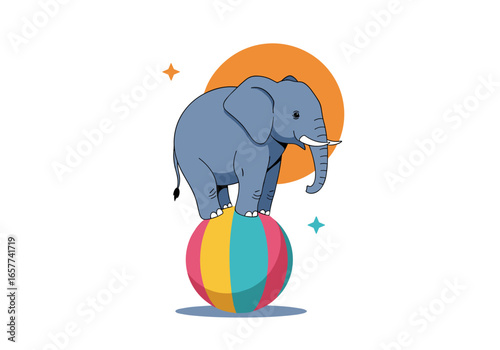A charming illustration of an elephant performing an incredible balancing act on a colorful striped ball under the sun
