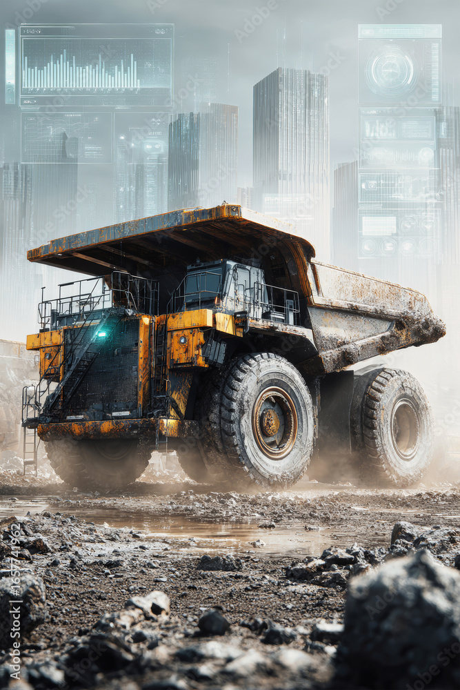 Fototapeta premium Massive dump truck navigating a construction site amidst urban skyscrapers in a gritty, futuristic setting