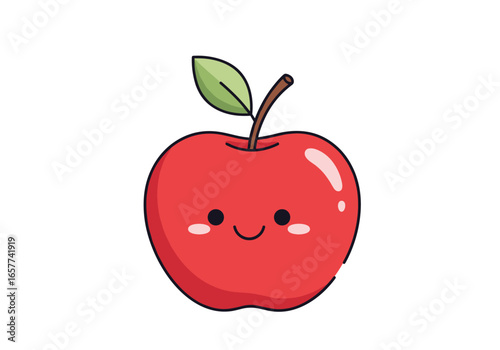 Adorable kawaii red apple character with cute smiling face and green leaf stem illustration