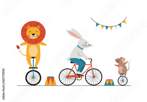 An amusing circus spectacle featuring a lion on a unicycle a rabbit on a bicycle and a mouse on a miniature unicycle