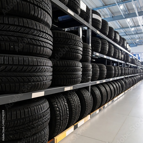 Tire racks in a store.  Rows of tires
