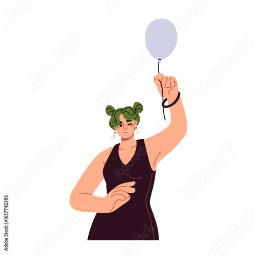 Happy woman with balloon in hand, smiling. Girl in dress, holding baloon on s...
