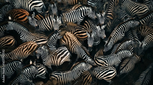 image taken from above of a group of zebras