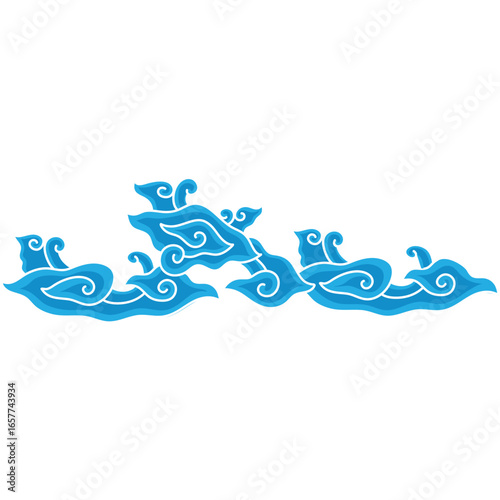 Vector illustration of a traditional Javanese cloud pattern in a classic blue and white batik style. Swirling ornamental Asian art design