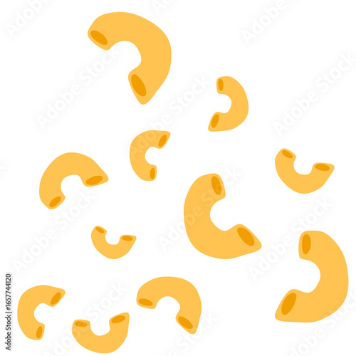 Scattered elbow macaroni pasta pieces on a white background, uncooked and ready to be cooked.