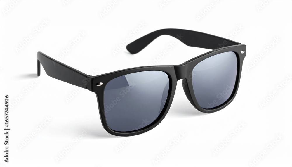 Stylish black sunglasses with dark reflective lenses on a white background Stylish black sunglasses with dark reflective lenses on a white background