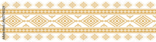 Seamless ethnic geometric border pattern in gold color. Traditional tribal textile ornament inspired by ethnic fabric, cultural motifs, and bohemian design. Perfect for fabric prints, decorative
