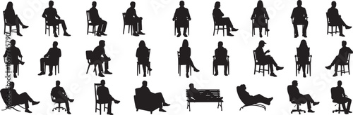 Silhouettes of people sitting in various chairs and benches arranged in rows and columns on white background
