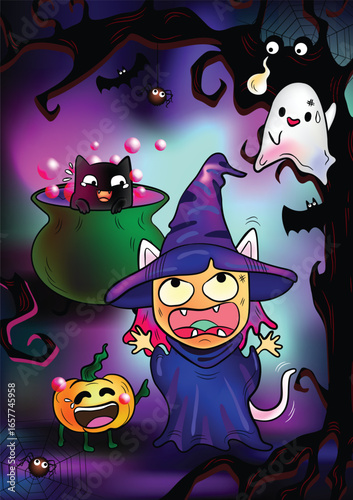 Halloween witch with poison and friends, Funny halloween cartoon for vertical.