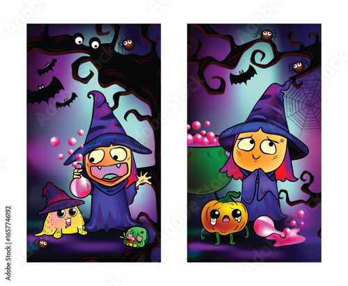 Halloween witch with poison and friends set, Funny halloween cartoon for vertical.