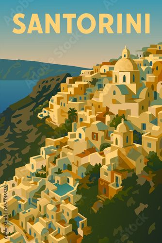 Greece poster travel Santorini, Crete, old village white buildings, orthodox church