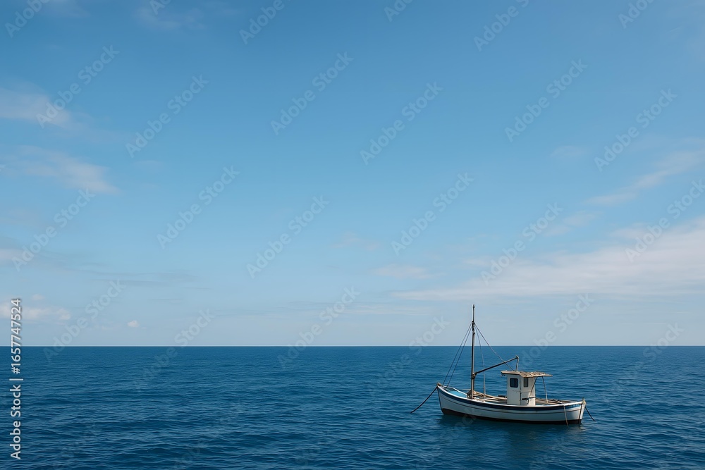 Lonely Fishing Boat Floating on Calm Blue Ocean Horizon Lonely Fishing Boat Floating on Calm Blue Ocean Horizon