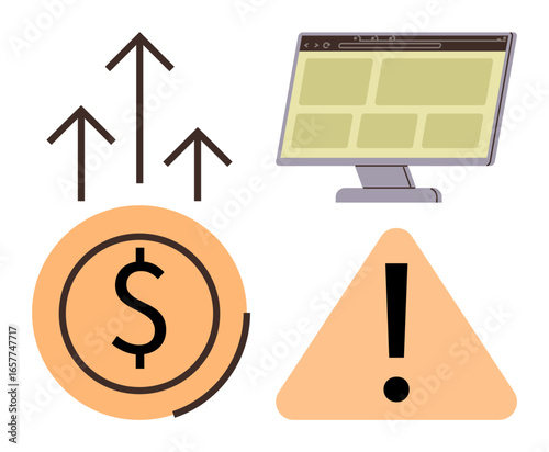 Upward arrows, currency icon, warning triangle, and monitor suggesting profit increase, financial management, cautionary risks, and data analysis. Ideal for business analytics, finance growth