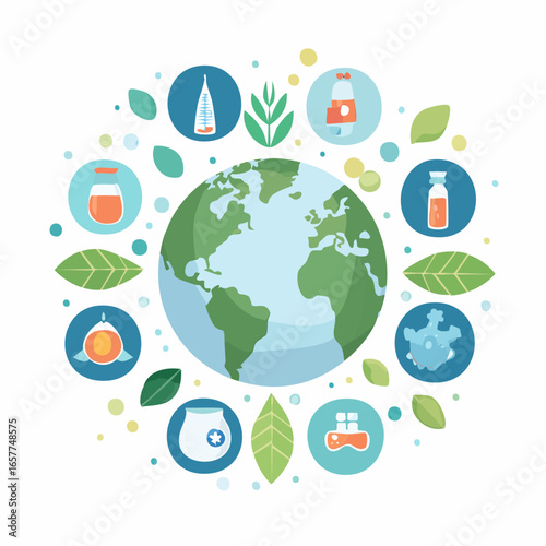 Global health vector icons set featuring vaccination, clean water, nutrition, and pandemic response in a clean flat design for medical, education, and humanitarian projects.
